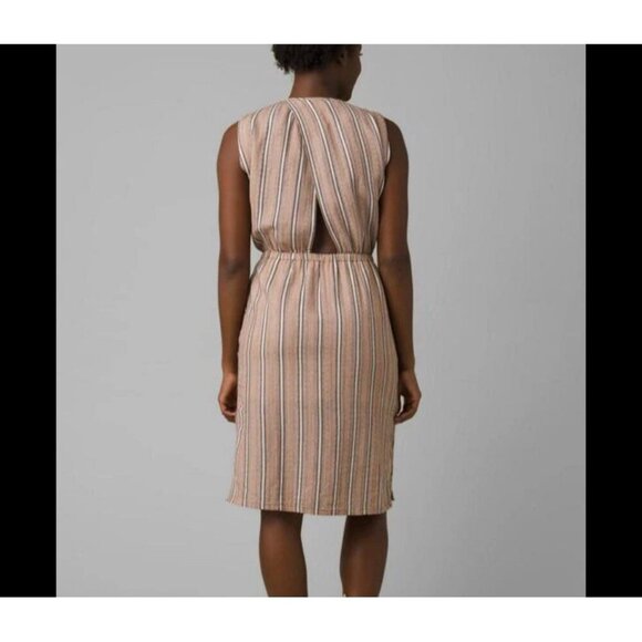 Prana Ecotropics Organic Cotton Copper Striped Dress Back Cut-Out Pockets Size M - Picture 2 of 12